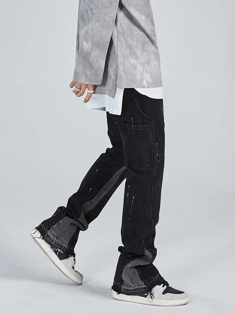 vintage streetwear flared jeans denim hip hop splashing ink wide leg jean overalls for men fashionable retro patchwork jeans y2k unique jeans style 492