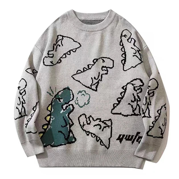 fashion knitted sweater autumn winter o neck dinosaur pattern pullover streetwear unisex casual loose sweaters jumper knitwears trendy hip hop style outerwear, aesthetic street look hoodie, unique limited edition hoodie