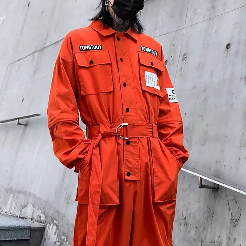 2023 autumn street short sleeve american jumpsuit mens jumpsuit suit motorcycle removable pants hip hop leg pants unique shorts style 4651