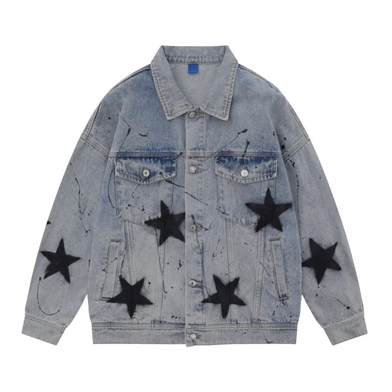 Stars Graffiti Printed Denim Jackets Mens Fashion Hip Hop Long Sleeve Coats Outerwear Y2k New Casual Streetwear Jeans black s - variant style 0daca9 for streetwear fashion