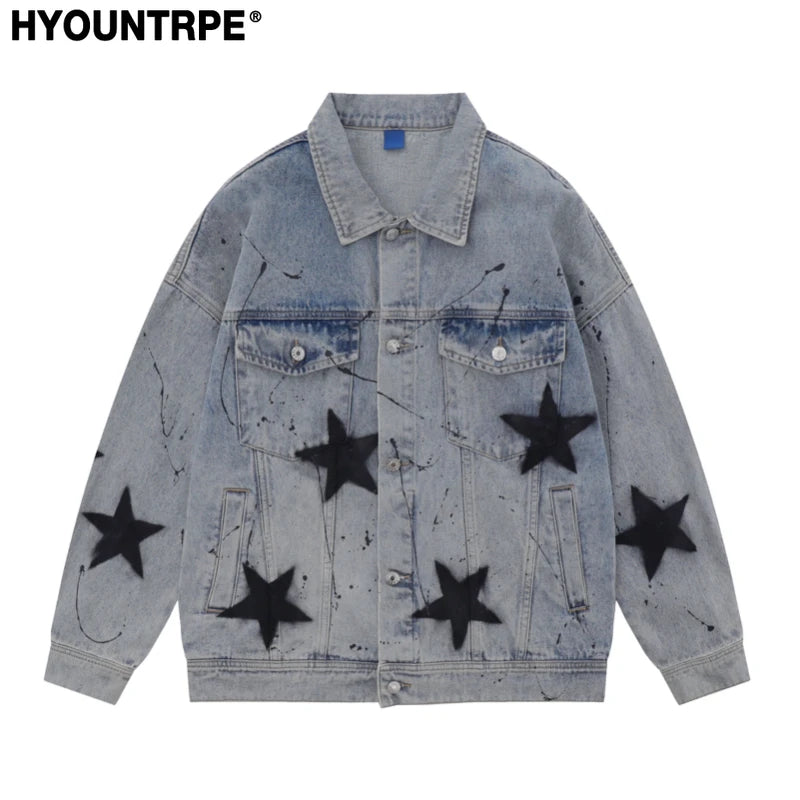 Stars Graffiti Printed Denim Jackets Mens Fashion Hip Hop Long Sleeve Coats Outerwear Y2k New Casual Streetwear Jeans black s - variant style 0daca9 for streetwear fashion