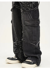 punk belt denim jeans pants women harajuku streetwear side pocket cotton men unisex casual baggy joggers straight pants trousers unique joggers style 4373
