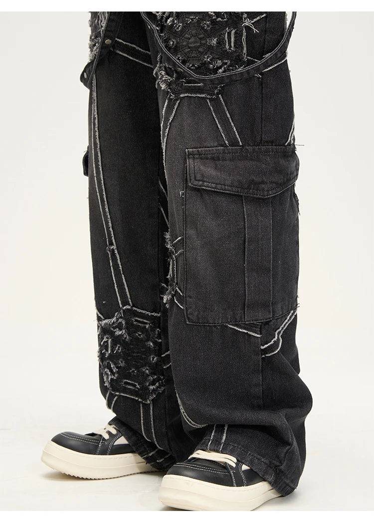 punk belt denim jeans pants women harajuku streetwear side pocket cotton men unisex casual baggy joggers straight pants trousers unique joggers style 4373