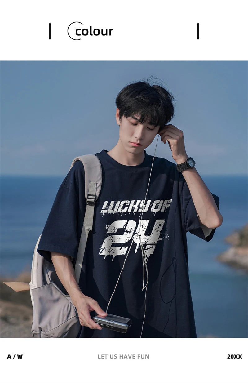 Y2k Vintage anime – Lucky Of 24 Printed Y2K Tshirts Men Fashion Cotton Short Sle