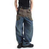 high street cargo pocket patchwork denim jeans pants unisex fashion loose wide leg straight functional tactics pants joggers men unique joggers style 1745