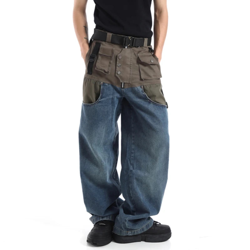 high street cargo pocket patchwork denim jeans pants unisex fashion loose wide leg straight functional tactics pants joggers men unique joggers style 1745