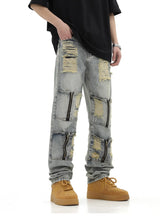 high street zipper open decoration biker jeans women ripped denim straight jean pant men motorcycle trouser unisex hip hop pants unique jeans style 3651