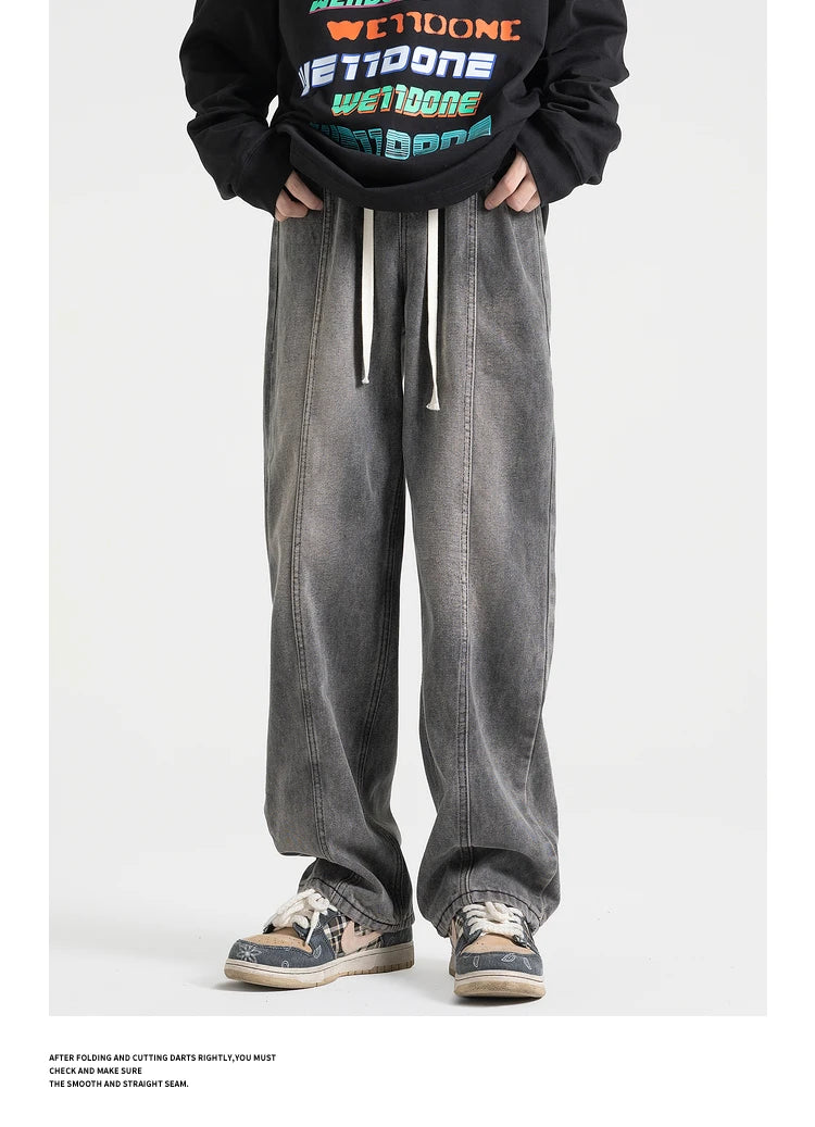 fashion loose streetwear denim pants unisex casual drewstring elastic waist jean pants hip hop trousers joggers mens baggy jeans unique joggers style 3262
