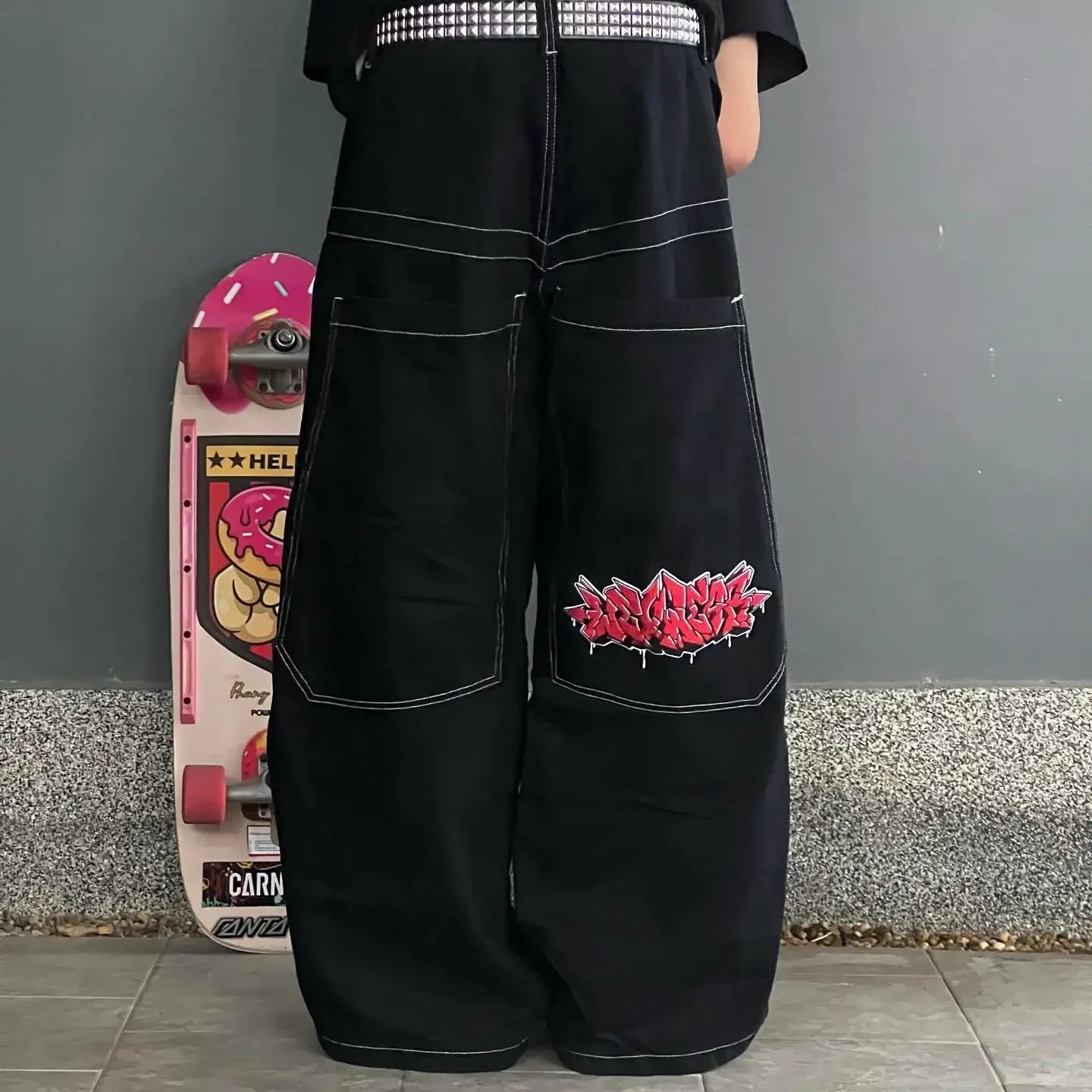 wexwear embroid baggy jeans harajuku hip hop graphic high waist wide trouser streetwear y2k jeans men women gothic black pants stacked flare jeans