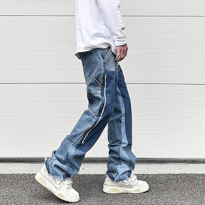 patchwork design denim flare jeans pants men casual zipper straight biker trousers jeans fashion streetwear hip hop jean joggers unique joggers style 2611