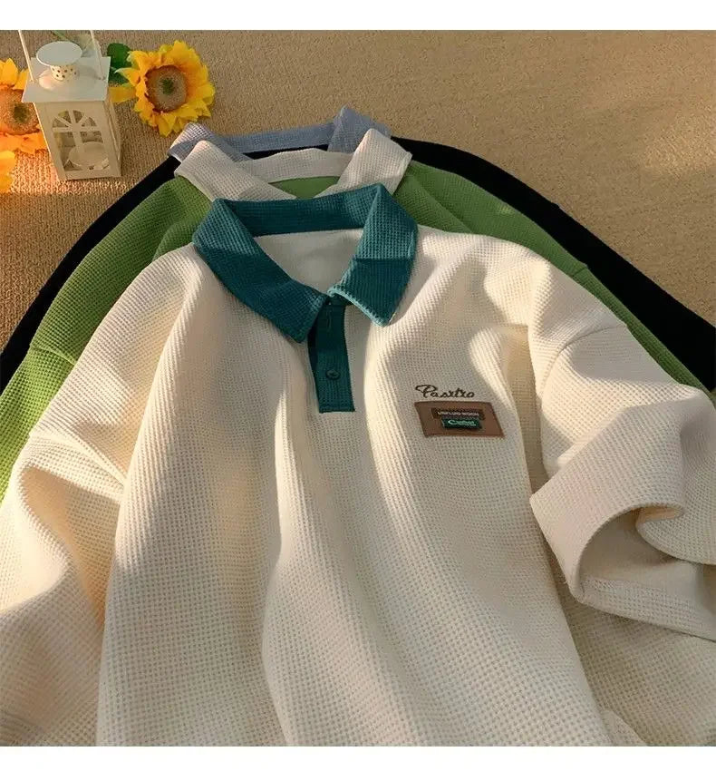 Hip Hop American Street Men and Women Trendy Personality Polo Shirt Short sleeved Summer Waffle Vintage Casual Tops harajuku y2k