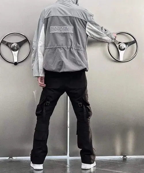 high street multi pockets tooling pants men army green cargo pants hip hop mopping trousers with band unique cargo style 204