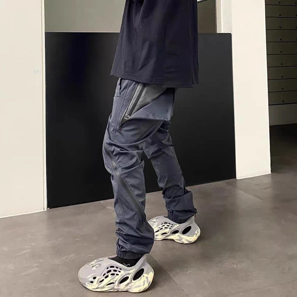 nylon deconstructed zipper up splicing cargo pant for mens black overalls streetwear function bilayer slim fit joggers pants relaxed fit joggers