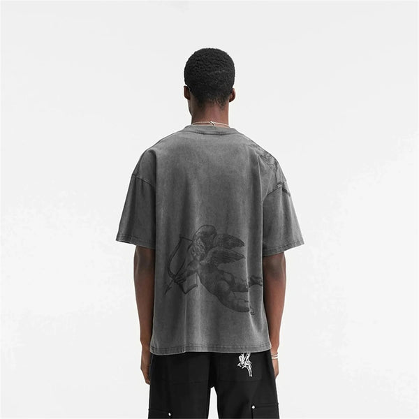 trapwear streetwear top featuring 24aw rp brand fashion little angel cherub vintage retro washed cotton summer short sleeve tops t shirt streetwear