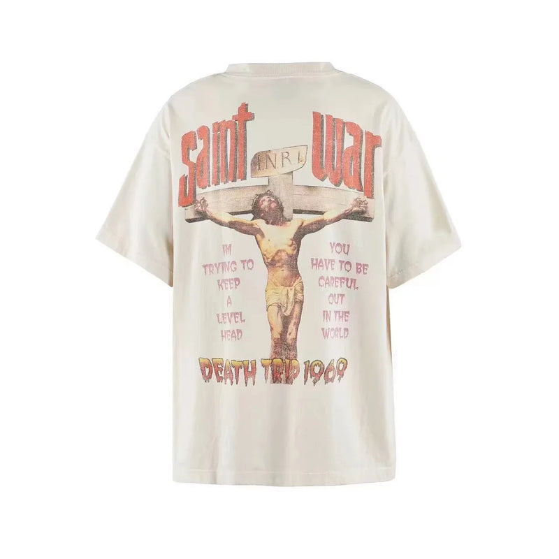 24SS New Vintage Retro Cross Printing Washed Distressed Short Sleeves T-Shirt Tops