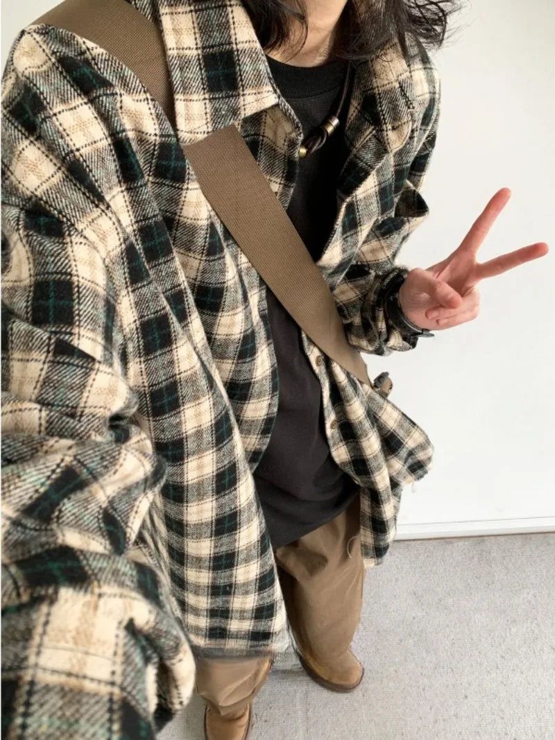 japanese college mens sets rough edge embroidery plaid shirt jackets big pocket retro cargo pants 2 pcs 2024 new casual suits unique cargo style 4447