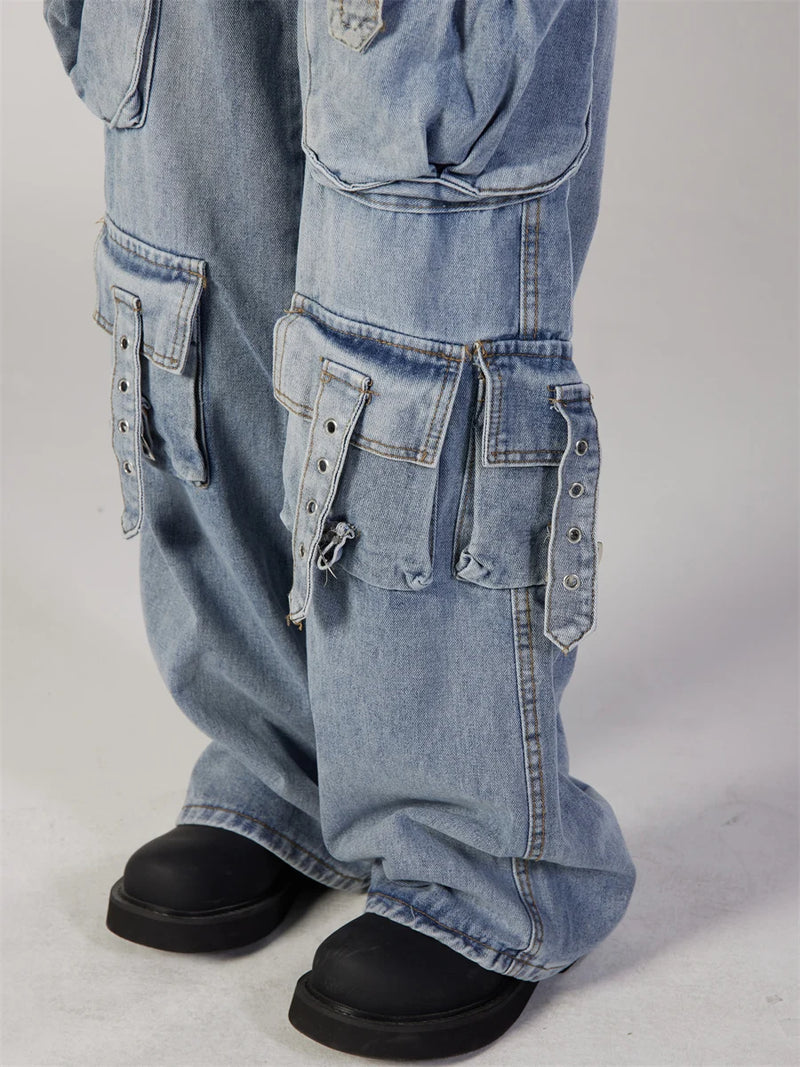 fashion loose streetwear cargo denim jeans unisex casual multi pocket straight jean pants with belt hip hop joggers baggy jeans unique joggers style 3708