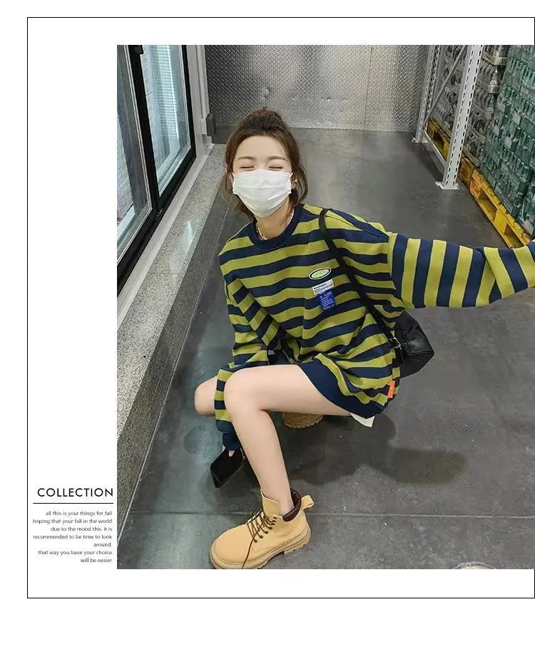 Original Korean New Style Loose Striped Sweatshirt American Harajuku C