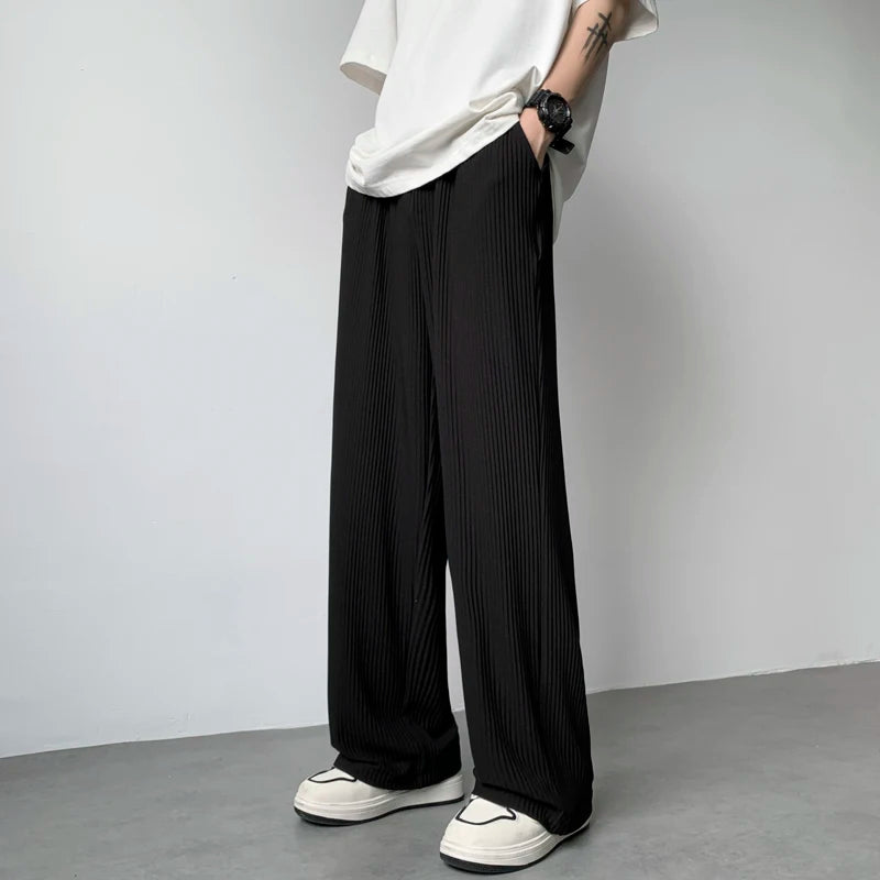 summer pleated pants men fashion oversized ice silk pants men japanese streetwear hip hop loose straight pants mens trousers relaxed fit trousers