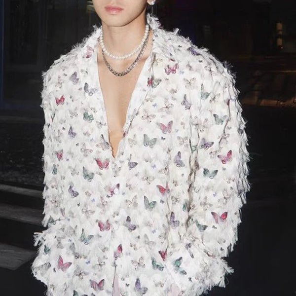 Mens Casual Feather Butterfly Long Sleeve Shirt Genderless 2024 New Fashion Personality Retro Youth All-Match Shirt Unisex
