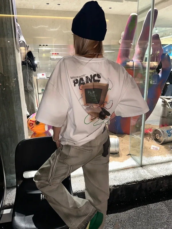Panq Computer Gaming Graphic Tee Vintage T- shirts Summer Printed Oversized Short Sleeve tops High Quality High Street