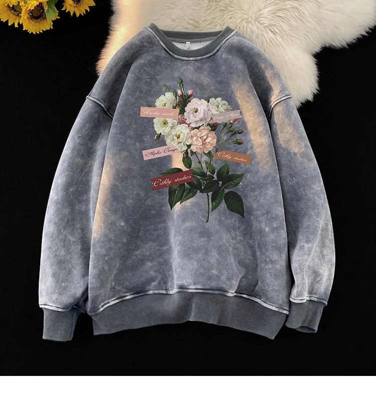 Vintage Floral Graphic Men Sweatshirt Spring Autumn Gothic Round Neck Pullover Hip Hop Streetwear Y2k Sweatshirts