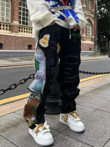 harajuku fashion embroidered patches straight denim pants hip hop washed torn jeans black blue patchwork y2k jeans baggy men unique jeans style 1539