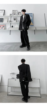 men streetwear fashion loose casual rivet hip hop party dress 2 piece suits blazers jacket pant sets stage clothing costume unique default style 1552