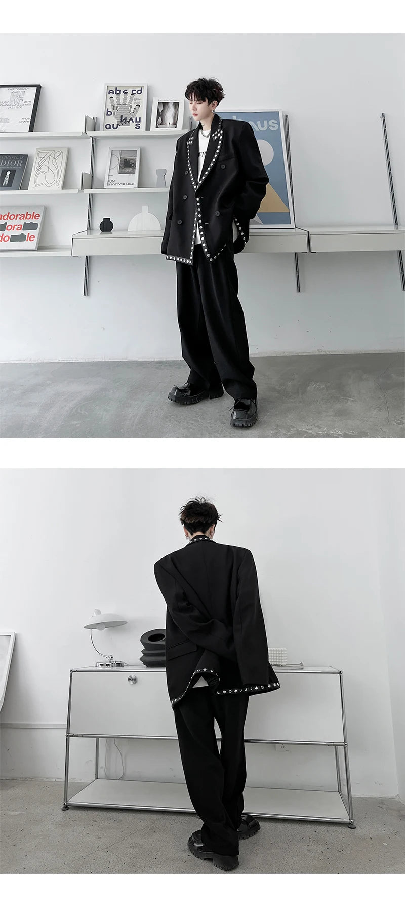 men streetwear fashion loose casual rivet hip hop party dress 2 piece suits blazers jacket pant sets stage clothing costume unique default style 1552