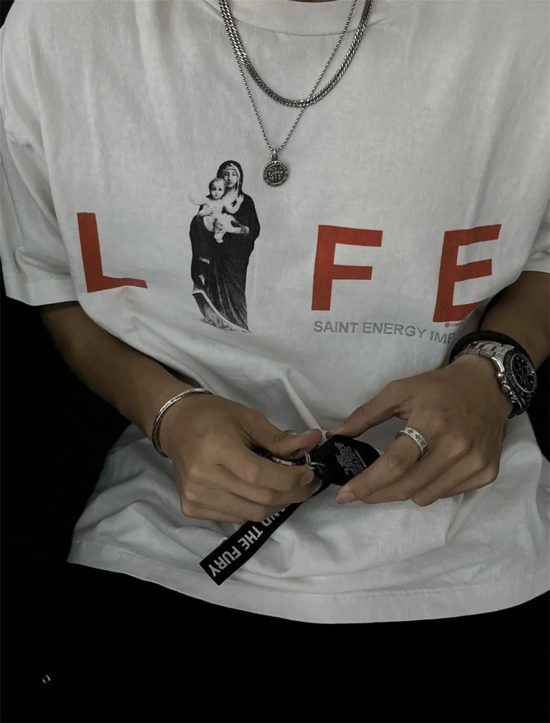 Vintage Retro New Summer Street Wear LIFE Letter Printing High-Street Loose Casual Tops T-Shirt