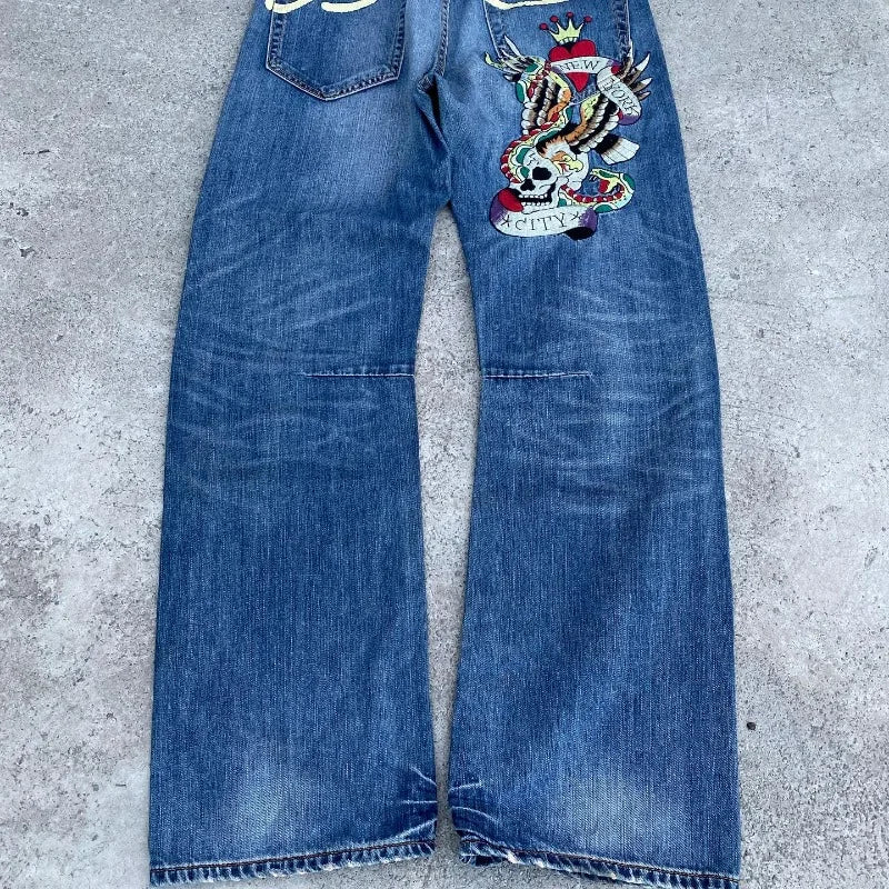 gothic hip hop skull embroidery jeans for men casual y2k high waist wide leg baggy jeans retro straight denim pants streetwear unique jeans style 864