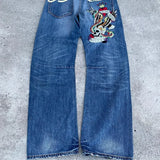 gothic hip hop skull embroidery jeans for men casual y2k high waist wide leg baggy jeans retro straight denim pants streetwear unique jeans style 864