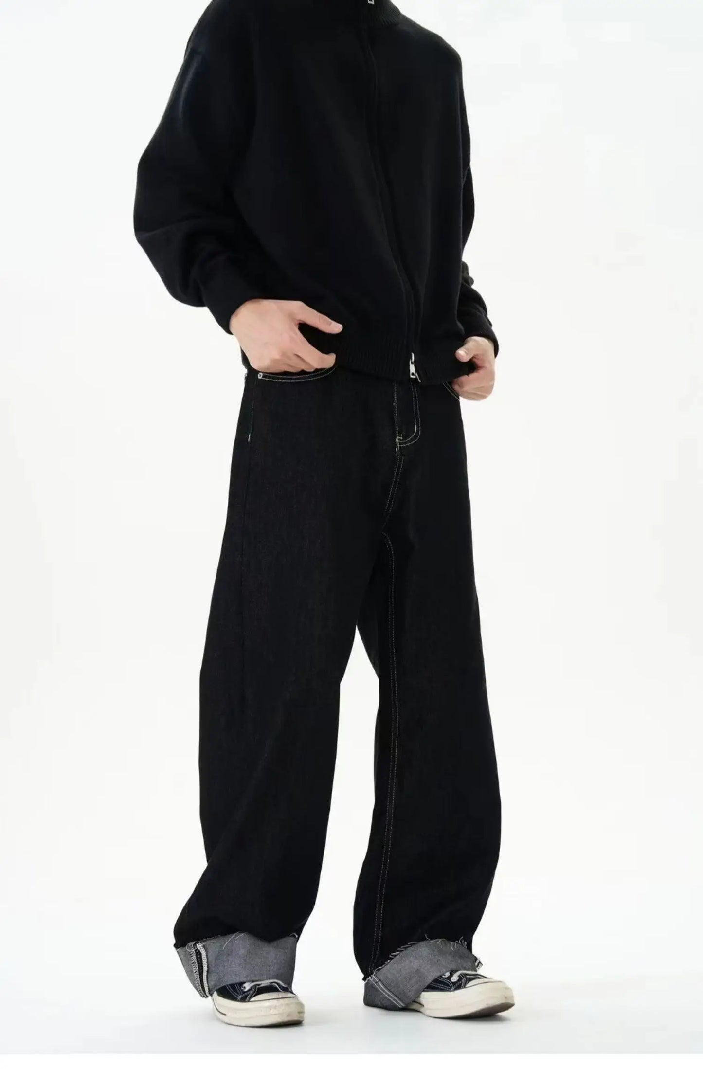 men women streetwear fashion loose casual wide leg straight black denim jeans pant boyfriend y2k baggy jeans trousers unique jeans style 2373