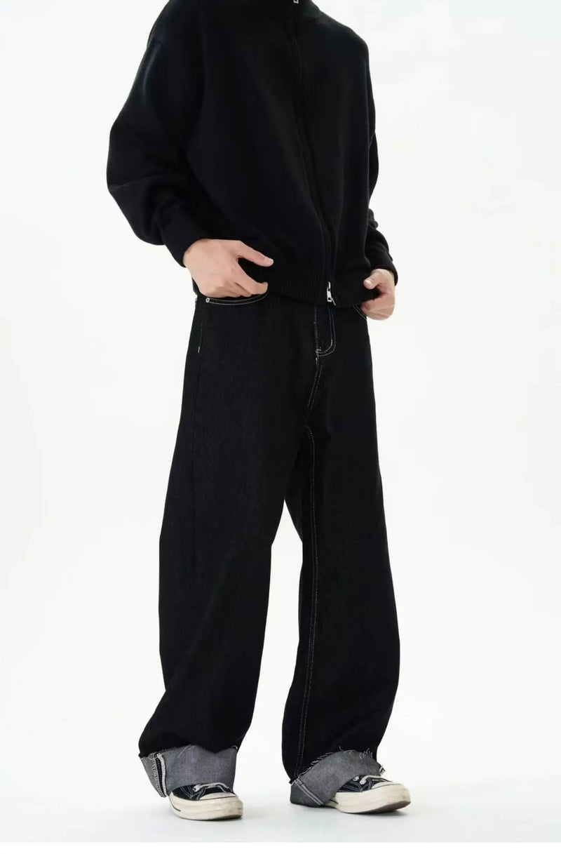 men women streetwear fashion loose casual wide leg straight black denim jeans pant boyfriend y2k baggy jeans trousers unique jeans style 2373