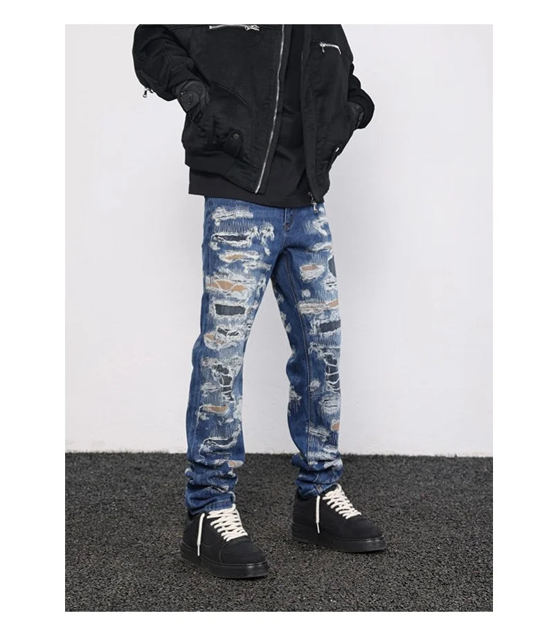 retro washed 3d printed fake distressed jeans hip hop denim pants streetwear jean pants mens harajuku cotton trousers joggers unique joggers style 3882