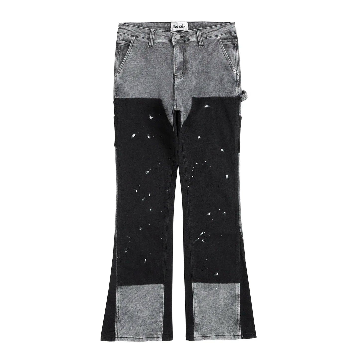high street spliced speckled ink micro flare pants for men and women patchwork baggy jeans ropa hombre casual denim trousers unique jeans style 3570