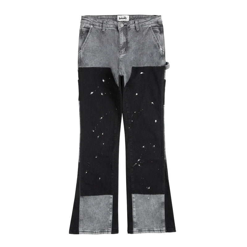 high street spliced speckled ink micro flare pants for men and women patchwork baggy jeans ropa hombre casual denim trousers unique jeans style 3570