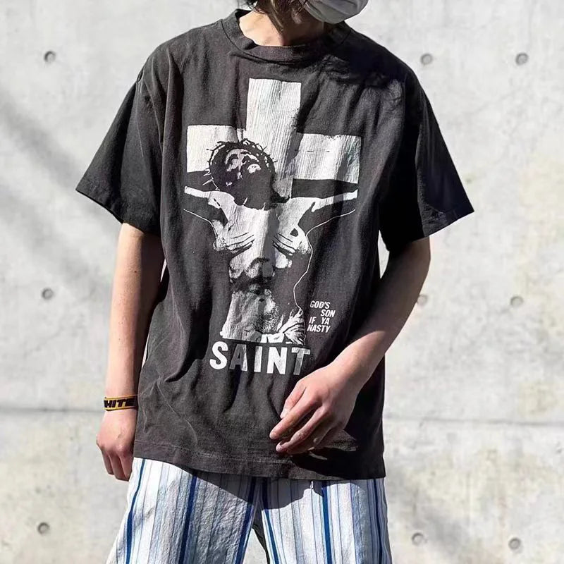 Skatercore Top – Saint T Shirt Men Woman 2024Ss High Quality Wash Black Skull – Urban Streetwear for Men & Women