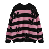 fashion striped sweaters women casual botton open sleeves butterfly knitted streetwear y2k warm furry o neck pullover knitwear - urban fashion pullover, Y2K grunge street style, oversized streetwear hoodie