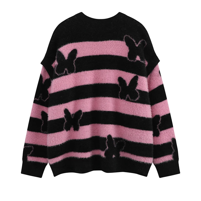 fashion striped sweaters women casual botton open sleeves butterfly knitted streetwear y2k warm furry o neck pullover knitwear - urban fashion pullover, Y2K grunge street style, oversized streetwear hoodie