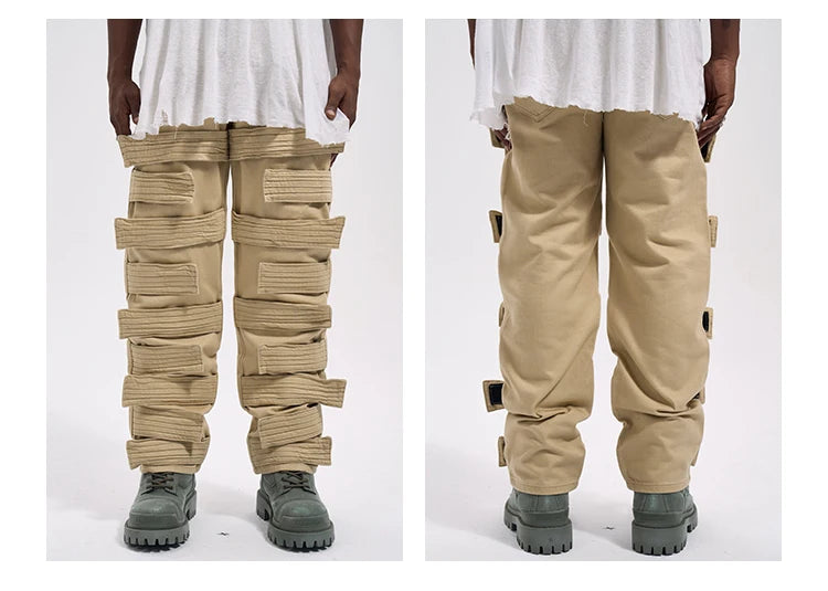 fashion velcros denim jean pants streetwear mens new casual hip hop streetwear tactical straight trousers joggers men y2k pants unique joggers style 3681