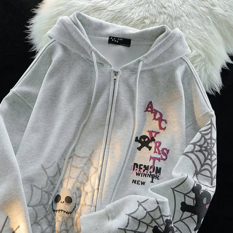 Spider Retro Ins Printed Cardigan Hooded Sweatshirt Plus Velvet Thickened Y2K Trendy Brand Couple Jacket