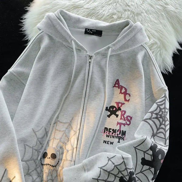 American Spider Retro Ins Printed Cardigan Hooded Sweatshirt Plus Velvet Thickened Men and Women Y2K Trendy Brand Couple Jacket