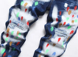 fashion distressed white washed denim jean pants colorful graffiti printed casual biker hip hop jeans slim joggers mens jeans unique joggers style 4580