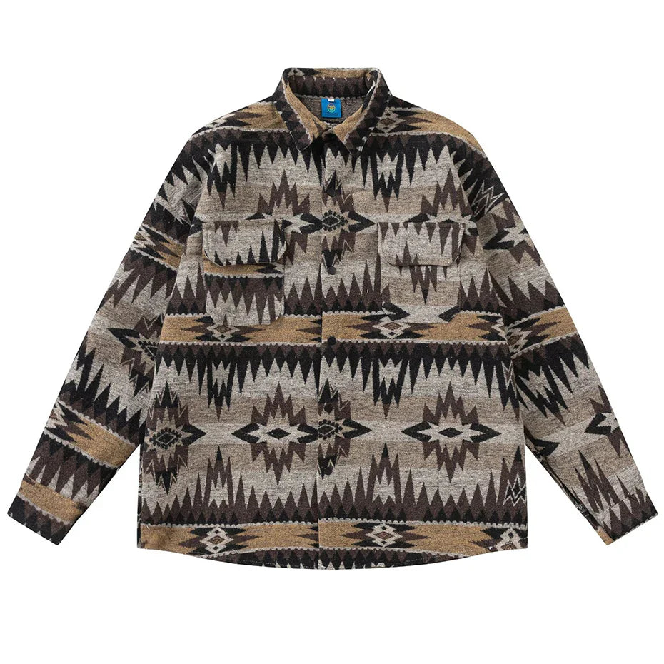 Vintage National Style Shirts Fall Winter Button Up Blouse Men Loose L