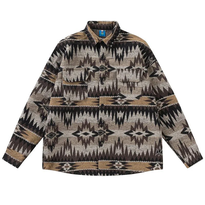 Vintage National Style Shirts Fall Winter Button Up Blouse Men Loose L