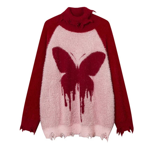 destroy ripped neck knitted sweater unisex butterfly pattern pullover long sleeve autumn winter warm sweaters streetwear jumpers - oversized streetwear hoodie, trendy hip hop fashion hoodie, gothic aesthetic hoodie for winter
