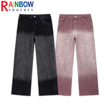 rainbowtouches men jeans unisex pants high street hip hop loose casual couple cargo straight patchwork gradient casual pants combat utility trousers