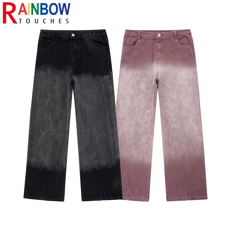 rainbowtouches men jeans unisex pants high street hip hop loose casual couple cargo straight patchwork gradient casual pants combat utility trousers