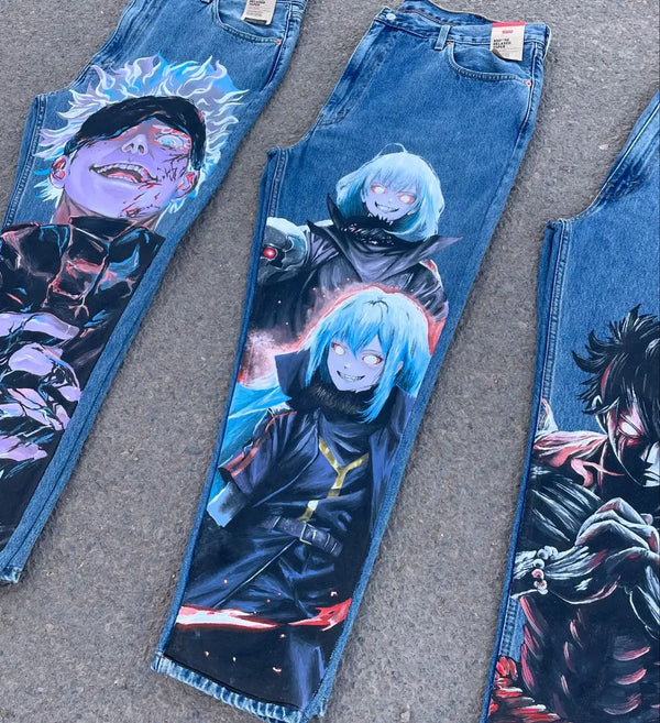 harajuku y2k style blue popular anime graphic wide leg jean fashion streetwear denim mens jeans couples high waist pants stacked flare jeans